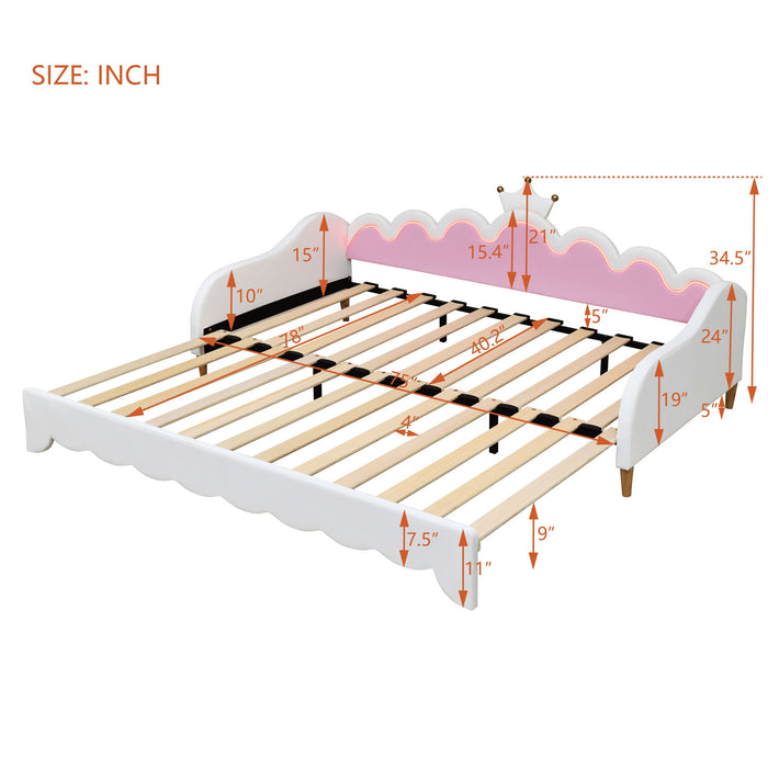 Extending Daybed With LED Lights, Modern Upholstered Princess Daybed With Crown Headboard