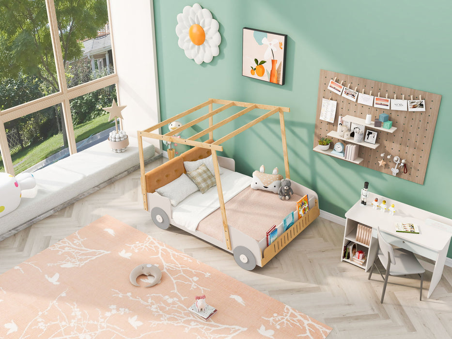 Twin Size Car Bed & Pillow, Ceiling Cloth And LED - Natural