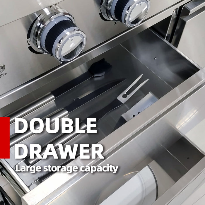 6 Burner 85, 000 Btu Deluxe Gas Outdoor Kitchen Island Grill With Wine Cooler Refrigerator, Rotisserie, Storage Cabinets & Drawers - Silver