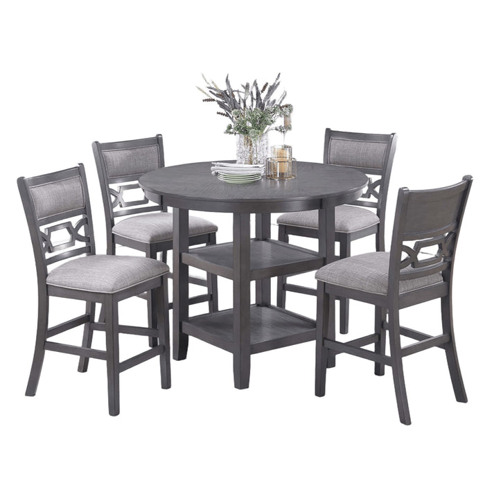 5 Piece Counter Height Dining Set With Storage Shelves Round Table And Upholstered High Chairs - Gray