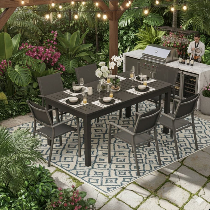 Extendable Outdoor Dining Table, All Weather, Slatted Top, Rust Proof - Gray