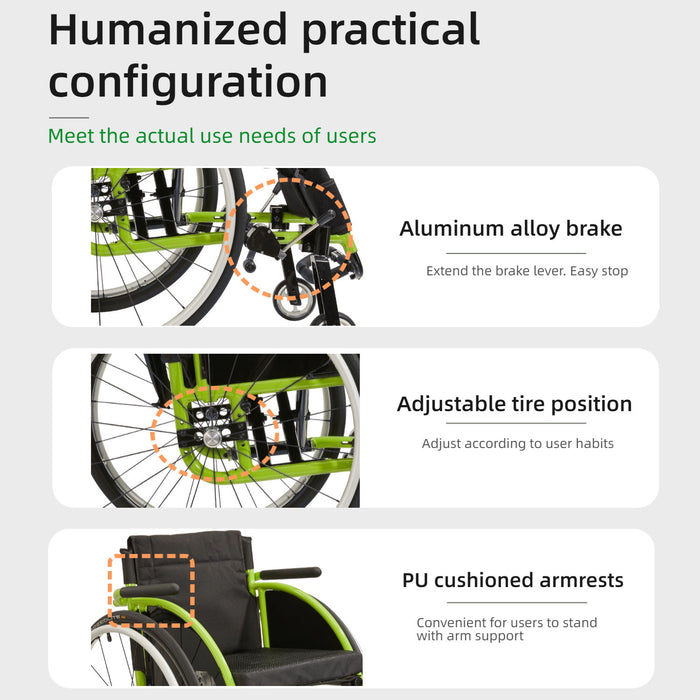 Premium Lightweight Foldable Sport Wheelchair All Body Sturdy & Comfortable 250Lbs Capacity Easy Folding 24" Sports Tires Perfect For Outdoor - Black / Green