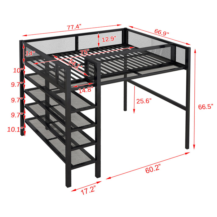 Loft Bed With 4 Tier Shelves And Storage