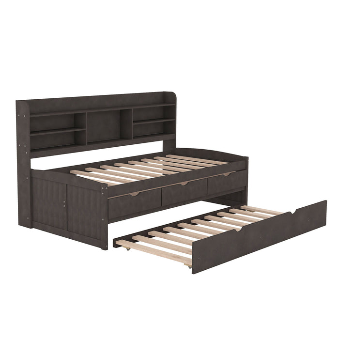 Captain Bed With Built In Bookshelves, 3 Storage Drawers, And Trundle