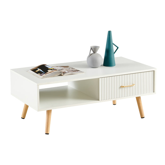 Modern Rectangle Coffee Table With Legs, Sliding Drawer For Storage - White