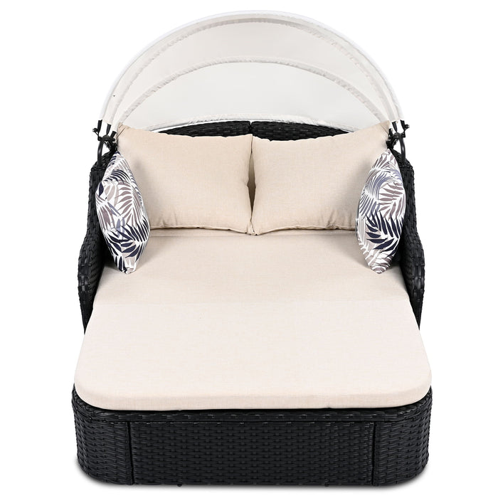 Outdoor Sunbed With Adjustable Canopy, Double Lounge, Daybed - Black / Beige