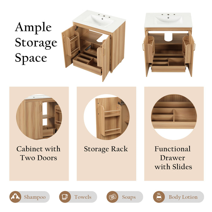 30" Bathroom Vanity With Sink, Cabinet With Doors And Drawer, Rectangular Shape - Natural