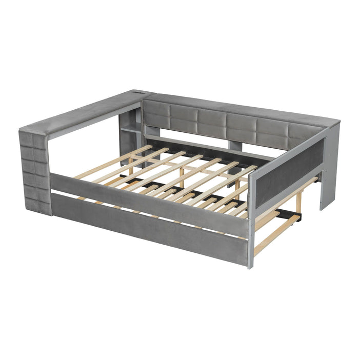 Upholstered Platform Bed With Storage Shelves, Desk, Charging Station And Trundle