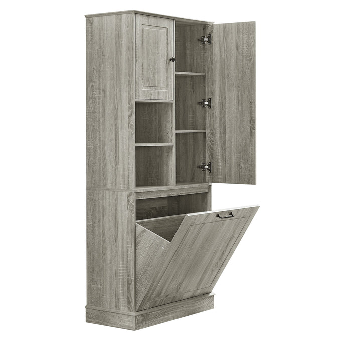 Modern Tall Storage Cabinet With Adjustable Shelves, Flip-Out Basket & Enclosed Doors