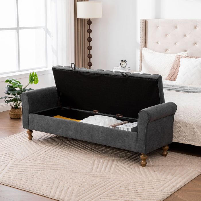 Wide Modern Upholstered Storage Bench With Rolled Armrest