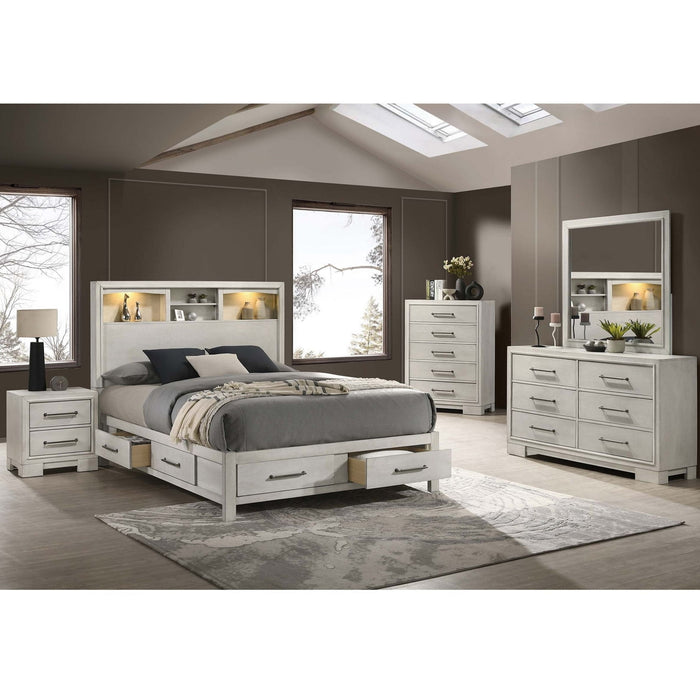Transitional Bed With Smooth Gliding Drawers, Built In Lights, Open Headboard Shelves