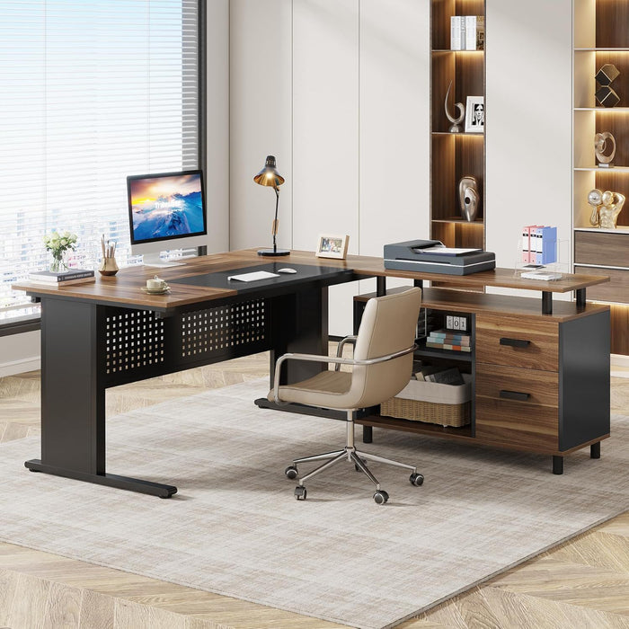 L-Shaped Executive Desk With File Cabinet , Office Workstation With Drawers, Shelves & Storage