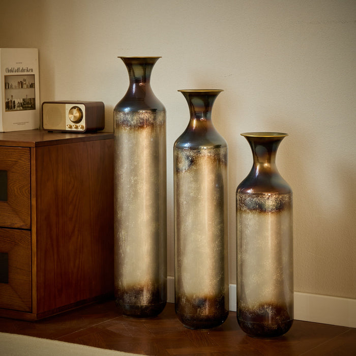 Modern Droplet Shaped Floor Vase Set, Glazed Metal Decorative Vases 3 Piece Home Accent For Living Room - Gold / White