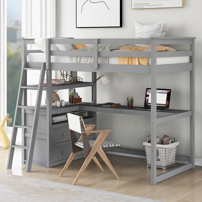 Modern Loft Bed With Built In Desk, Shelves, And 2 Drawers