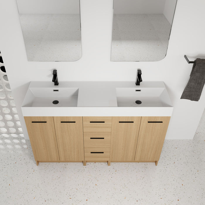 Double Sink Bathroom Vanity With 3 Drawers, Large Storage, Integrated Sink, Freestanding Cabinet, Soft Close Hardware - Glossy White / Light Oak