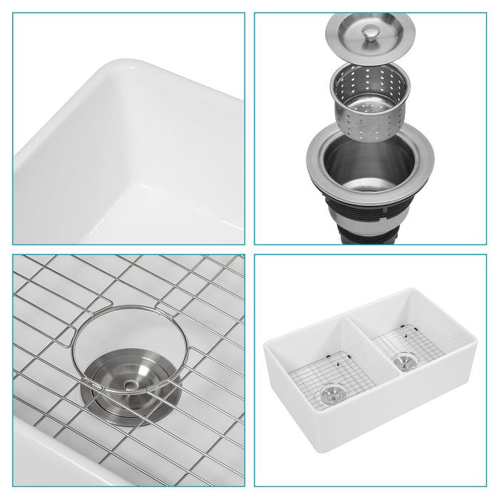 Sink 33" Double Bowl Kitchen Sink With Deep Bowls And Grids - White