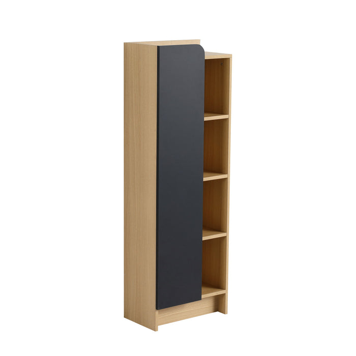 Tall Freestanding Bathroom Side Cabinet With Single Door & 4 Tier Open Shelves - Black / Light Oak / White
