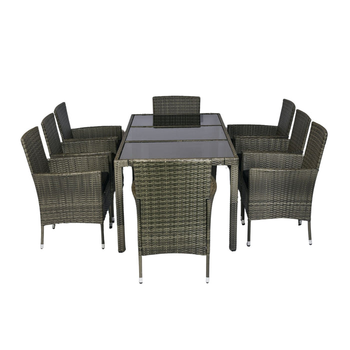 9 Piece Outdoor Patio Wicker Dining Set Patio Wicker Furniture Dining Set Glass Top - Gray / Black
