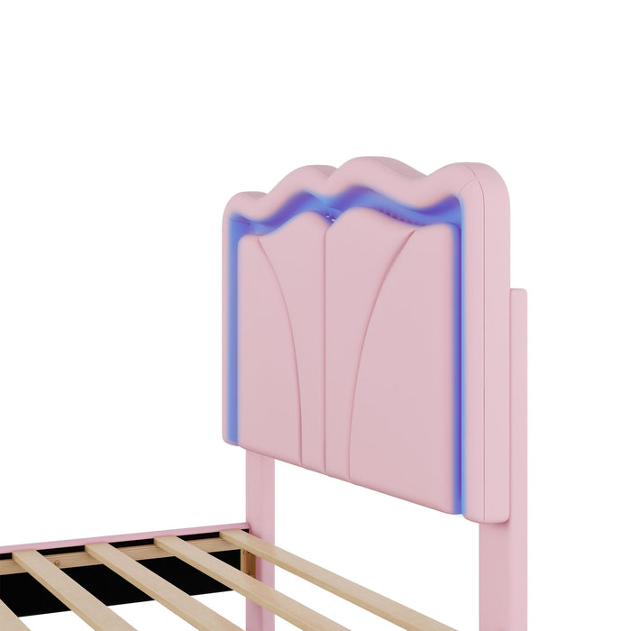 Upholstered Platform Bed & Curve Shaped And Height Adjustable Headboard, LED Light Strips