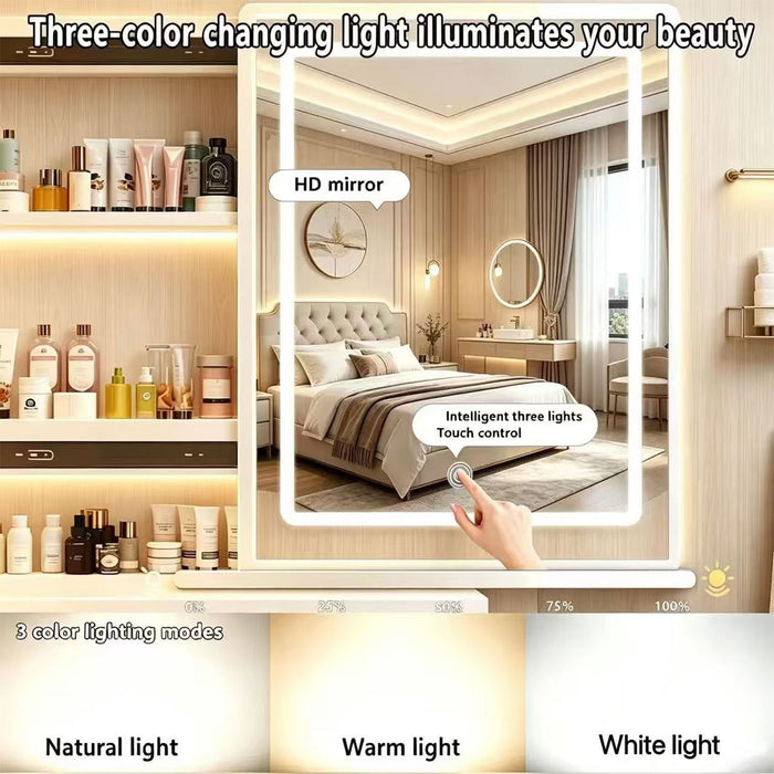 Vanity Set With LED Mirror, Storage Dressing Table & Cushioned Stool - Cream White
