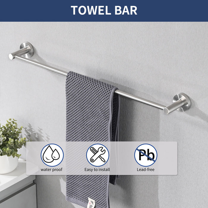 Bathroom Set 4 Pack With Towel Bar Racks, Toilet Paper Holder, Ring, Hook, Stainless Steel - Brushed Nickel