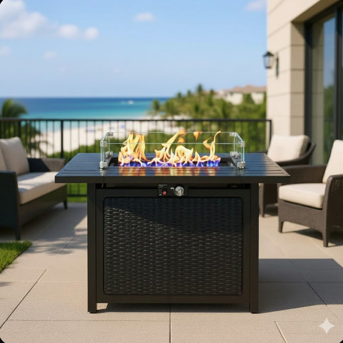 Outdoor 2 In 1 Propane Fire Pit Table With Lid & Glass Shield, Rectangular Fire Table, Lava Rock & Cover - Black