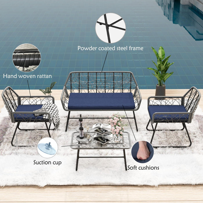 4 Piece Wicker Patio Furniture Set With Tempered Glass Table And Detachable Cushions