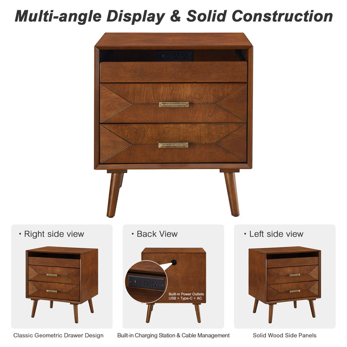 Nightstand With Charging Station, 2 Drawers And Open Shelf, USB / Type C Ports