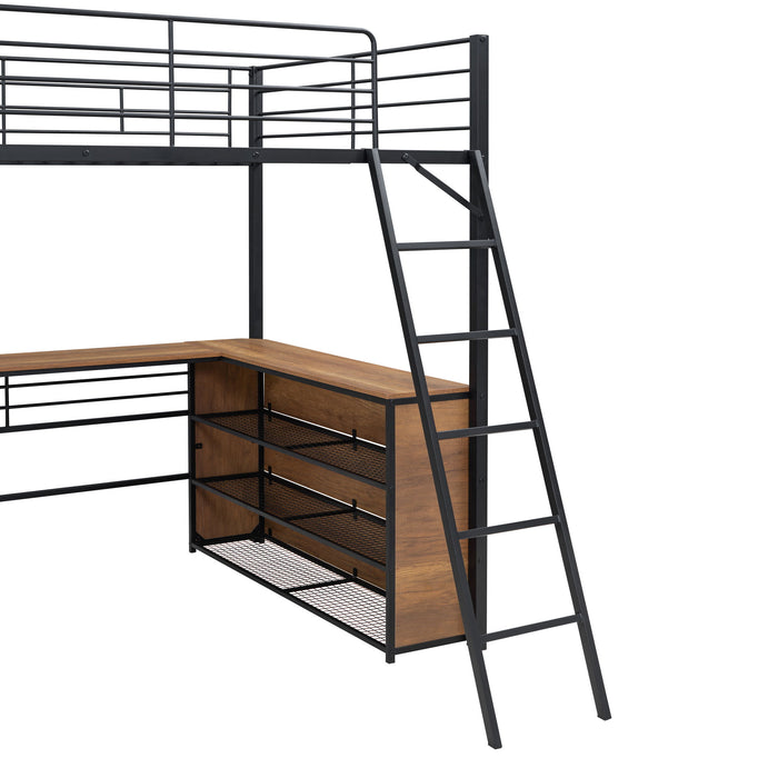 Loft Bed & 3 Layers Of Shelves And L-Shaped Desk