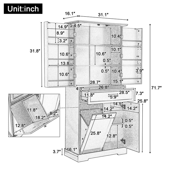 Freestanding Bathroom Storage Cabinet With Doors, Drawers, And Tilt Out Laundry Hamper - White