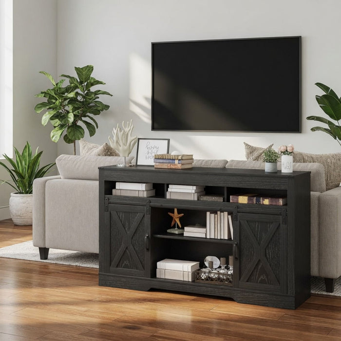 Farmhouse TV Stand With Sliding Barn Doors & Adjustable Storage