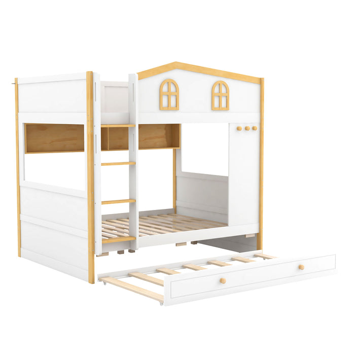 Full Over Full Bunk Bed With Storage Shelves And Trundle - White / Natural