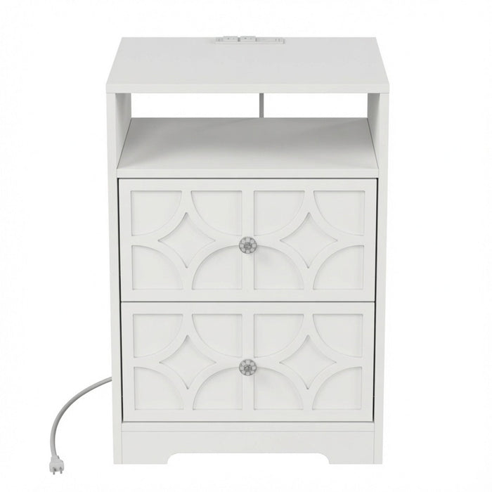 Nightstand With Diamond Carvings Handles, 2 Drawers & Charging Station