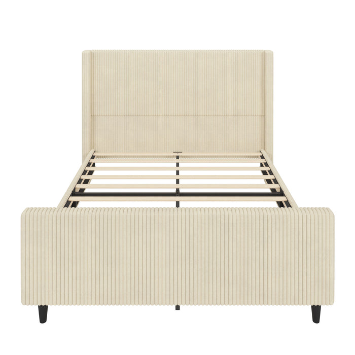 Corduroy Upholstered Bed Frame With Vertical Stripe Wingback And High Footboard