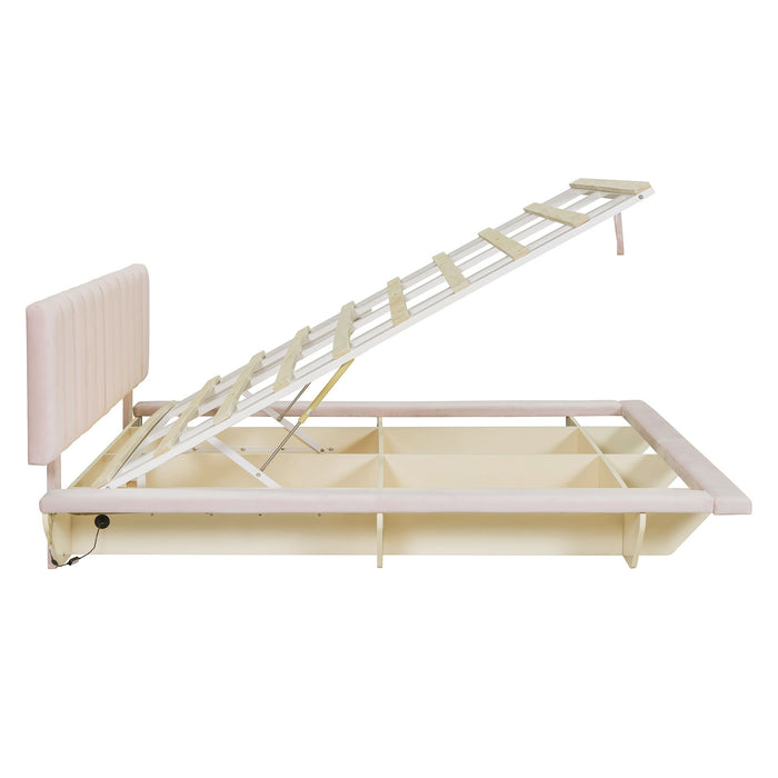 Upholstered Floating Hydrualic Platform Bed With LED Light And USB Port