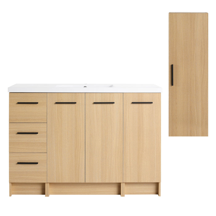 Freestanding Bathroom Vanity Set With Tall Side Cabinet, 3 Drawers And 3 Door Cabinet, Integrated Sink, Large Storage - Glossy White / Light Oak