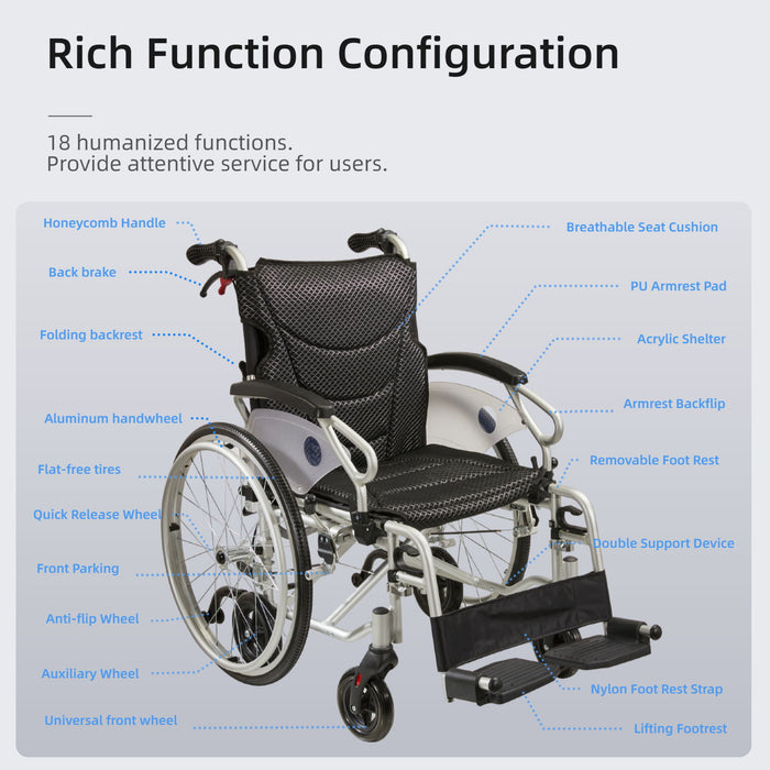 Innovative 6 Wheel Transport Wheelchair Lightweight Foldable Design With Dual Brakes Breathable Seat Anti Backflip Safety Perfect - Black / Silver