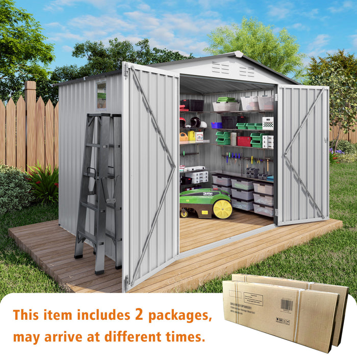Outdoor Garden Storage Shed, Tool Shed With Pitched Roof Waterproof With 1 Window And 2 Lockable Door - White / Gray