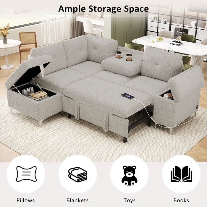 Versatile L Shaped Sofa Bed With Storage, Cup Holders, USB Ports Chenille