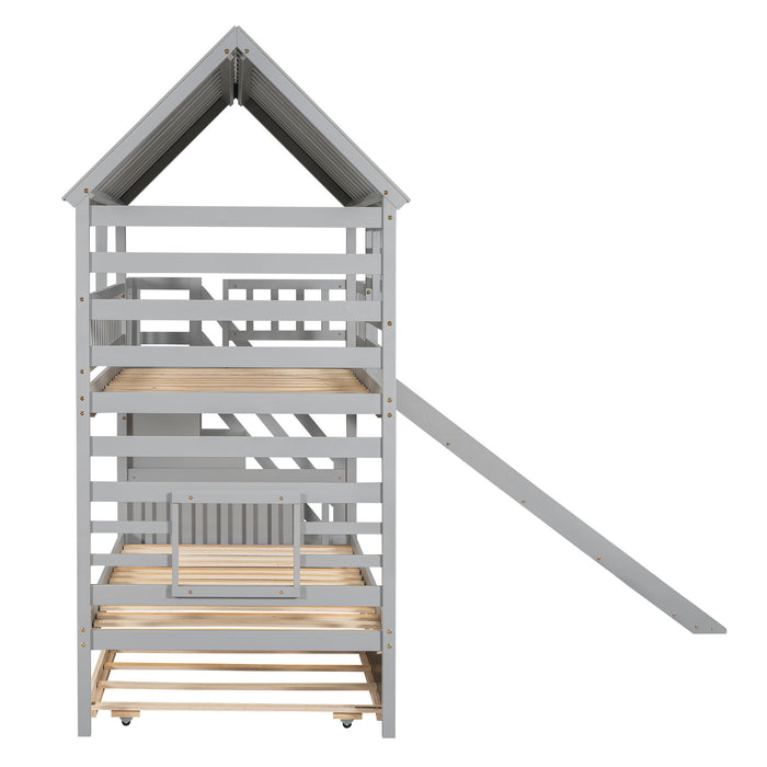 House Bunk Bed With Trundle, Storage Staircase, Roof And Window Design
