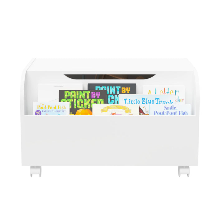 Toy Box With 4 Universal Wheels, Kids Playroom Storage Organizer With Front Bookshelf, Flip Top Lid, Safety Hinge - White
