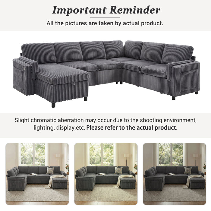 Convertible U-Shaped Sectional Sofa Bed With USB Ports And Storage