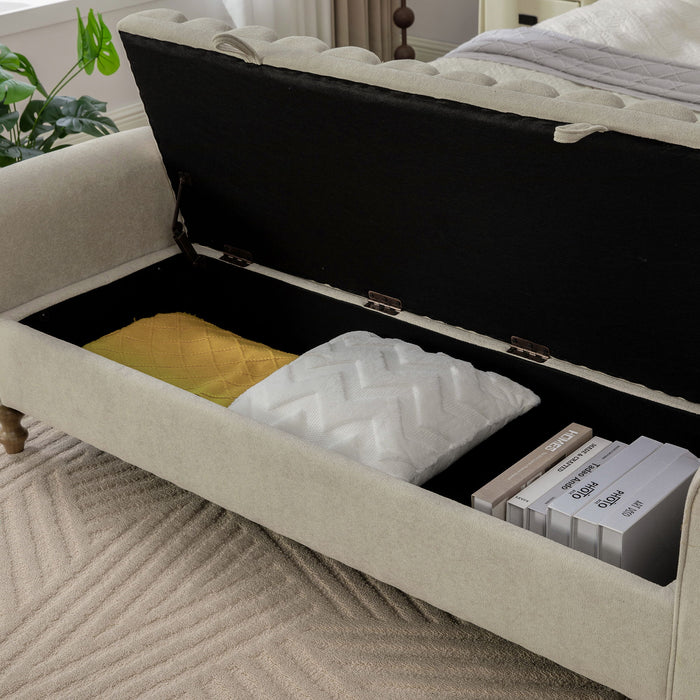 Wide Upholstered Storage Bench With Rolled Armrest For Bedroom - Griege