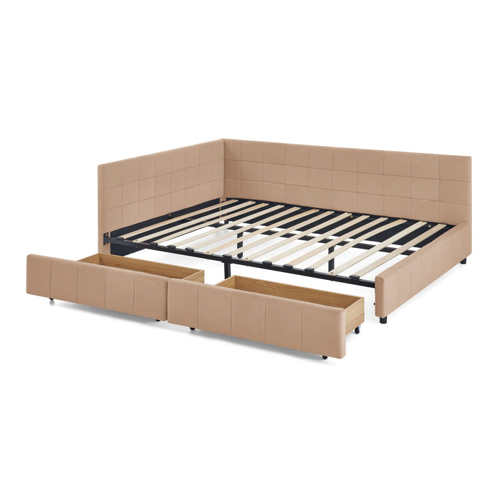 Mid-Century Storage Upholstered Tufted Bed Frame With Backrest And Armrests