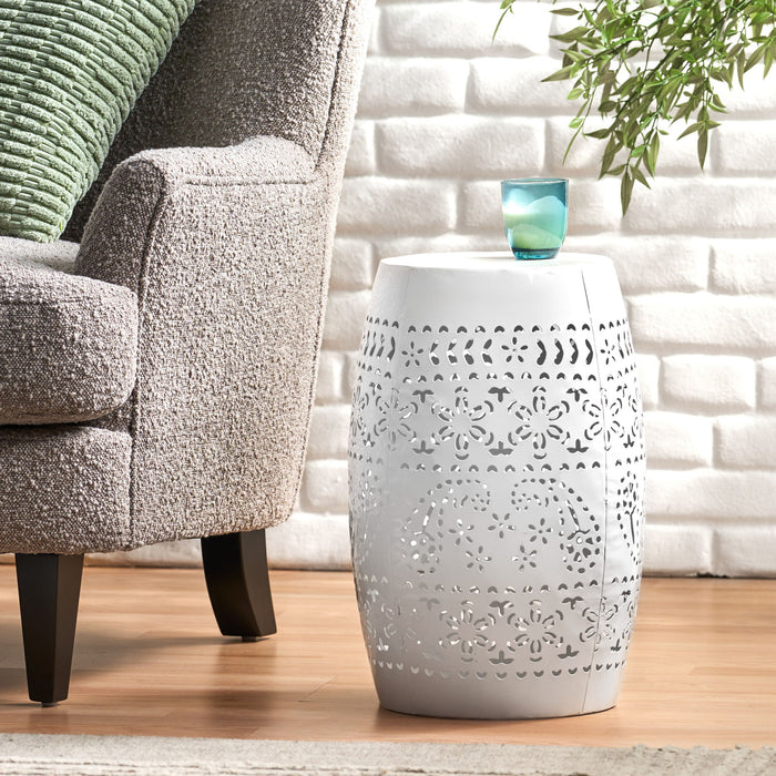 Transitional Ruby - Side Table With Lace Cut Design - White