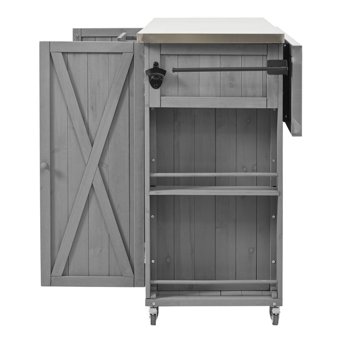 Outdoor Kitchen Island With Stainless Steel Top, Ample Storage Space, Towel And Spice Racks And A Bottle Opener