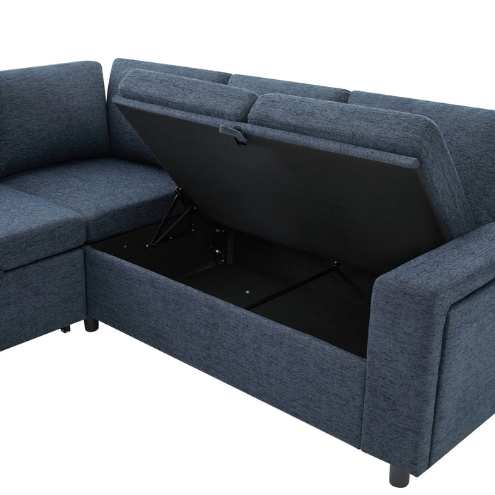 U - Shaped Convertible Sectional Sofa Bed With Storage, USB Charger & Cup Holders