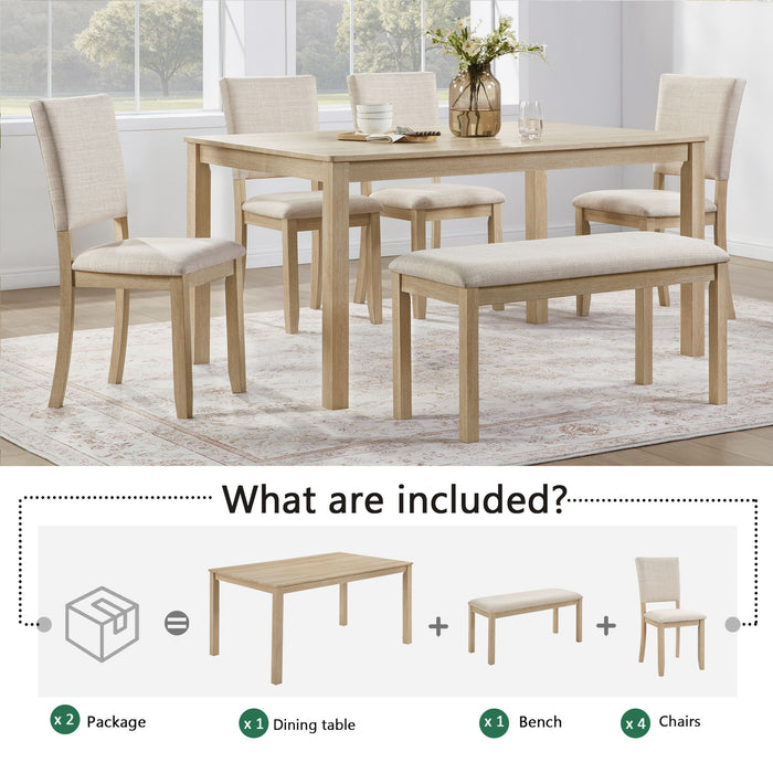 6 Piece Dining Table Set With Bench - Beige / Light Oak