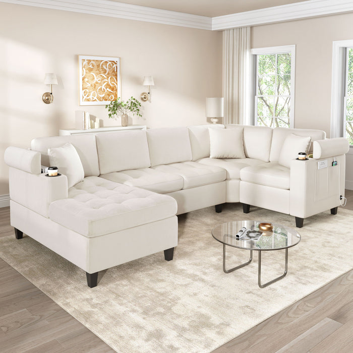 U Shaped Sectional Sofa, Corner Living Room Couch With Built In Cup Holders, Storage, USB Ports