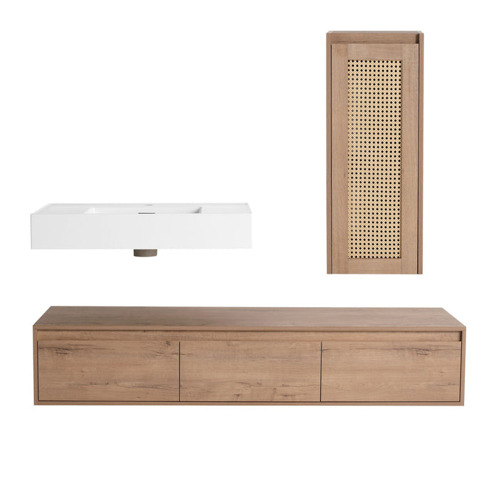 Modern Imitative Wall Mounted Bathroom Vanity With Resin Sink And Side Cabinet
